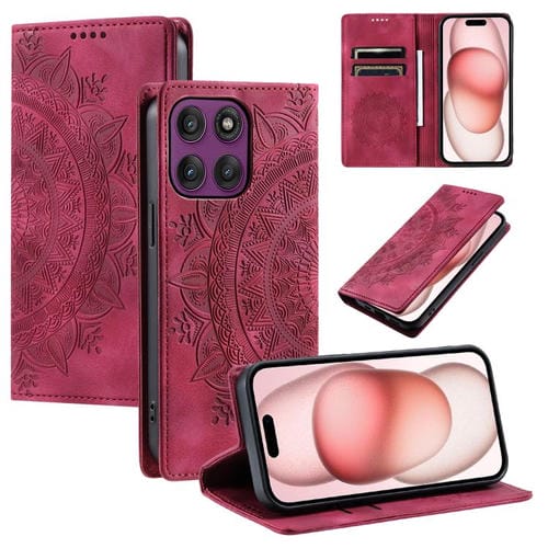 Funda de cuero magnético con relieve Totem para Motorola Edge 60 Pro (roja)