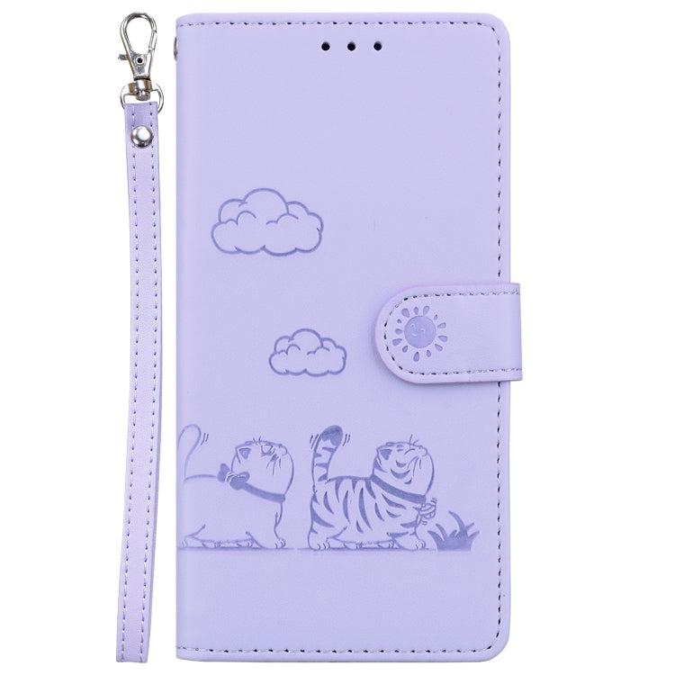 Funda de Piel Rfid para iPhone 16E Diseño de Gatos (Morado)