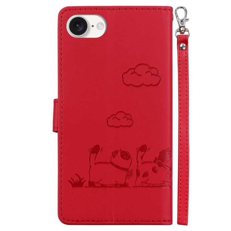 Funda de Cuero Rfid para iPhone 16E con Diseño de Gatos (Rojo)