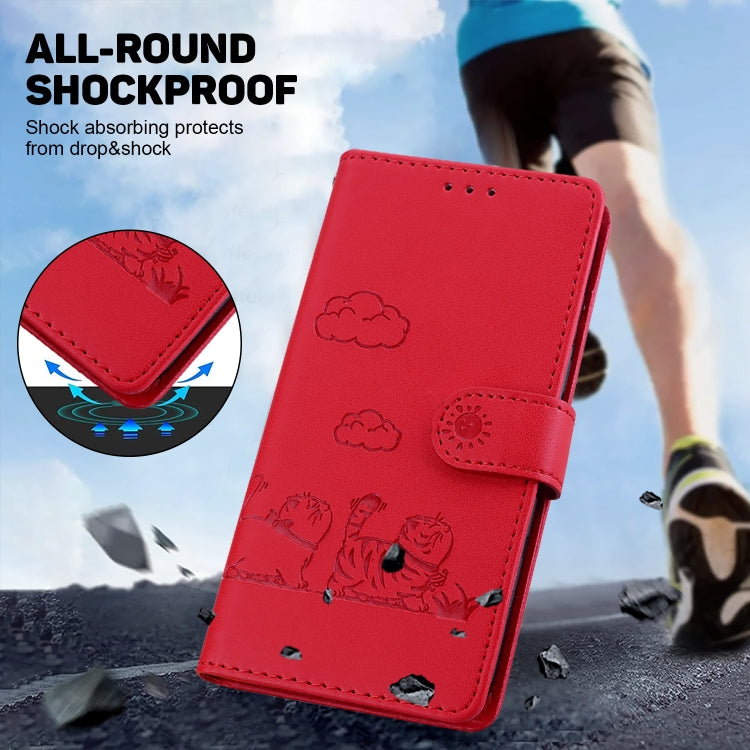 Funda de Cuero Rfid para iPhone 16E con Diseño de Gatos (Rojo)