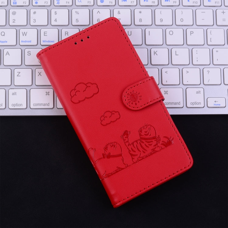 Funda de Cuero Rfid para iPhone 16E con Diseño de Gatos (Rojo)