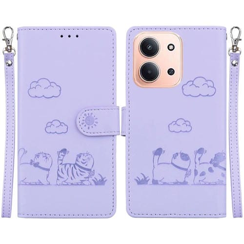 Funda de cuero RFID con diseño de gatos para Redmi 15C 4G (173,1 mm) / Redmi 15C 5G (173,1 mm) (morado)