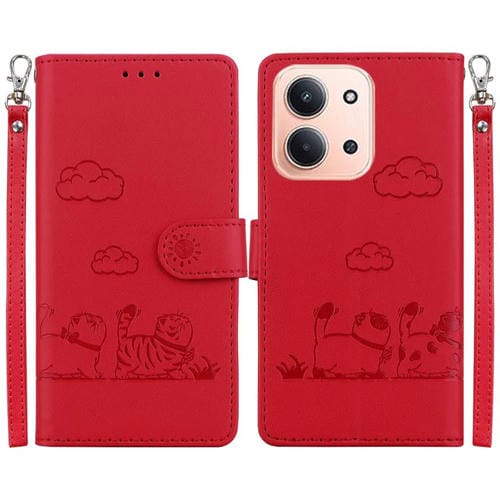 Funda de cuero RFID con diseño de gatos para Redmi 15C 4G (173,1 mm) / Redmi 15C 5G (173,1 mm) (Roja)