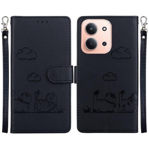 Funda de cuero RFID con diseño de gatos para Redmi 15C 4G (173,1 mm) / Redmi 15C 5G (173,1 mm) (Negro)