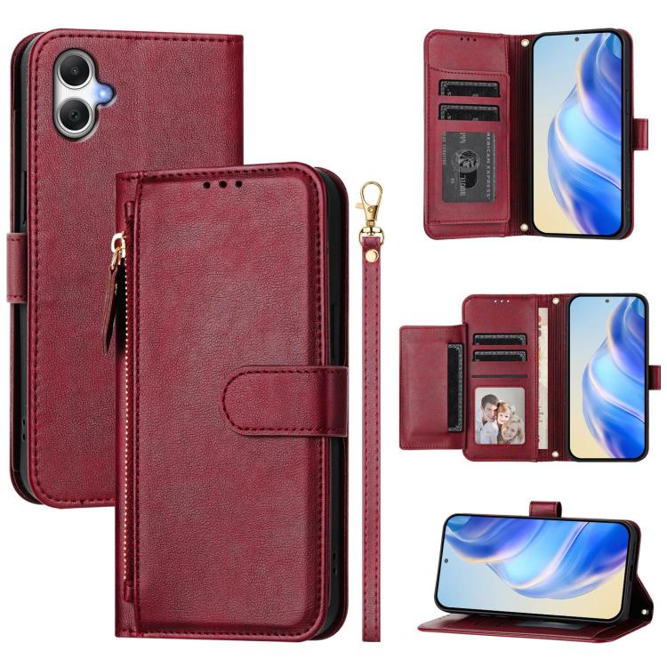 Funda de cuero tipo billetera con cremallera y ranuras para múltiples tarjetas para Samsung Galaxy A07 4G (rojo oscuro)