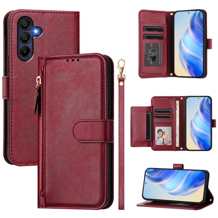 Funda de cuero con cremallera y ranuras para múltiples tarjetas para Samsung Galaxy A17/A26 5G (rojo oscuro)
