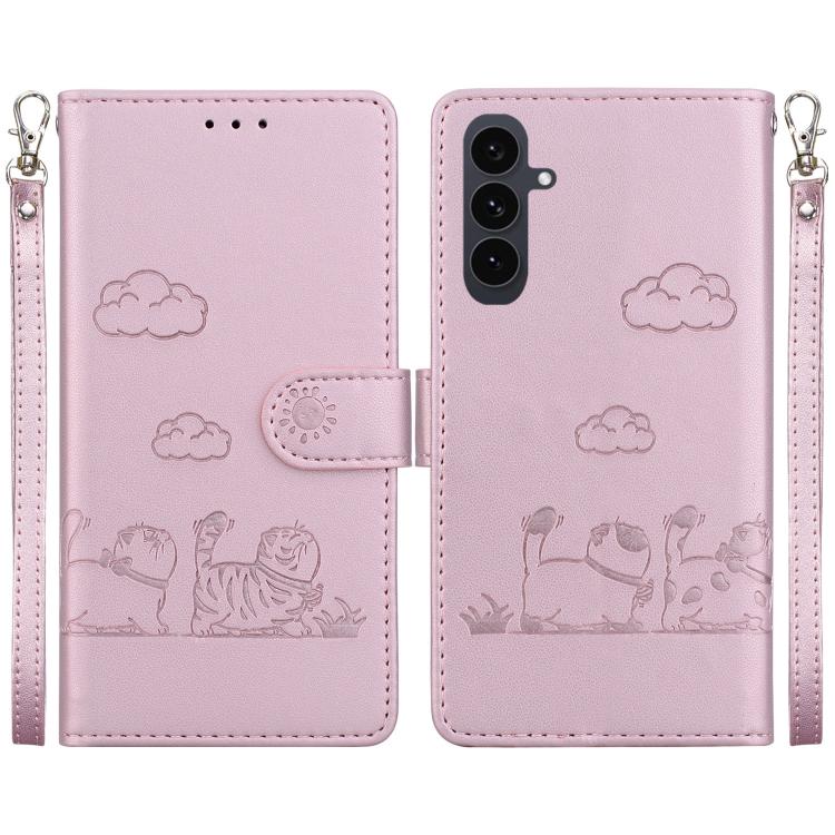 Funda de cuero RFID con diseño de gatos para Samsung Galaxy S25 FE 5G (oro rosa)