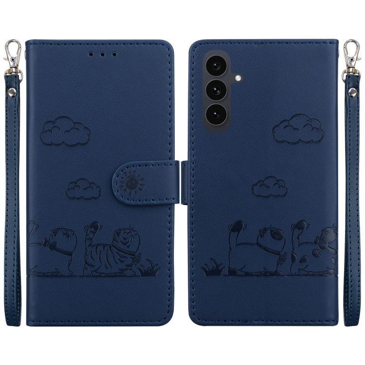 Funda de cuero RFID con diseño de gatos para Samsung Galaxy S25 FE 5G (azul)