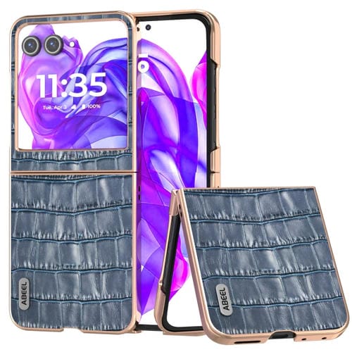 Funda piel auténtica textura cocodrilo marco galvanizado para Motorola Razr 50 Abeel (Azul)