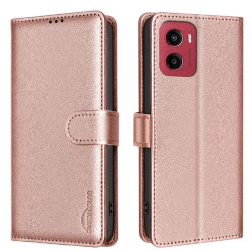 Funda de Cuero Antirrobo RFID para Motorola Moto G05 (Dorada) con Textura de Lichi