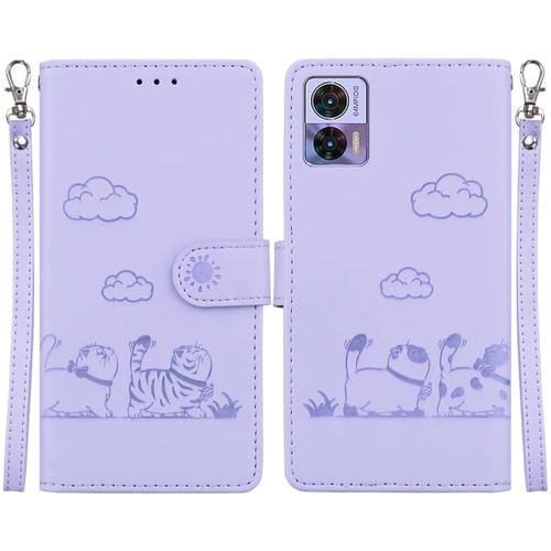 Funda de Cuero Rfid para Motorola Edge 30 Neo y 30 Lite con Diseño de Gatos (Morado)