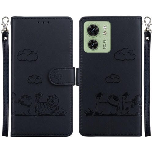 Funda de Cuero Rfid para Motorola Edge 40 con Diseño de Gatos (Negra)