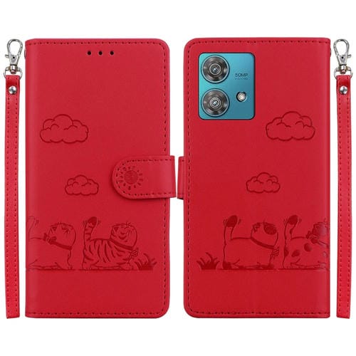 Funda de Cuero Rfid para Motorola Edge 40 Neo con Diseño de Gatos (Rojo)