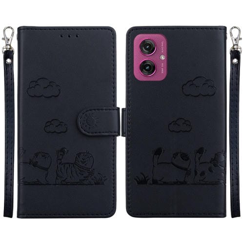 Funda de Cuero Rfid para Motorola Moto G55 con Diseño de Gatos (Negra)