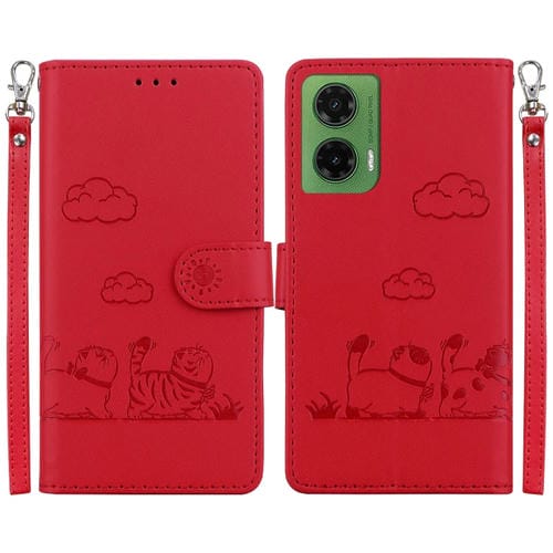 Funda de Cuero Rfid para Motorola Moto G35 con Diseño de Gatos (Rojo)
