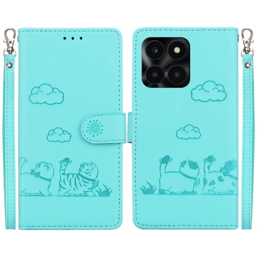 Funda de Cuero Rfid para Honor X6A con Diseño de Gatos (Verde)