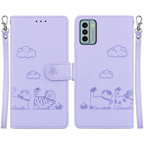 Funda de Cuero Rfid para Nokia G22 con Diseño de Gatos (Morado)