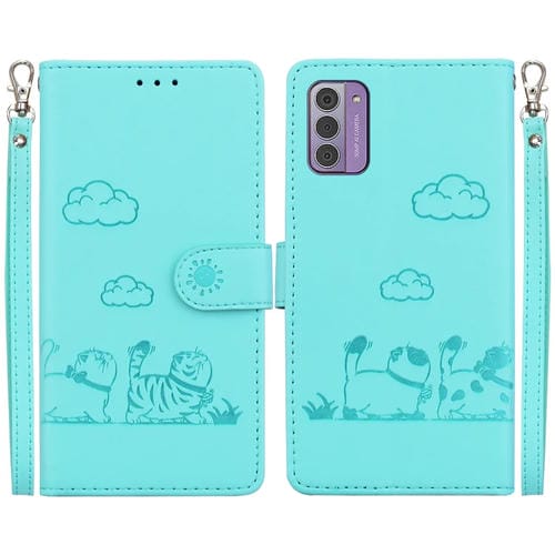 Funda de Cuero RFID para Nokia G42 con Diseño de Gatos (Verde)