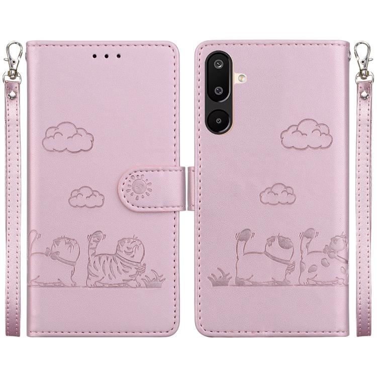 Funda de piel RFID con diseño de gatos para Samsung Galaxy M16 5G / F16 5G / M36 5G (oro rosa)