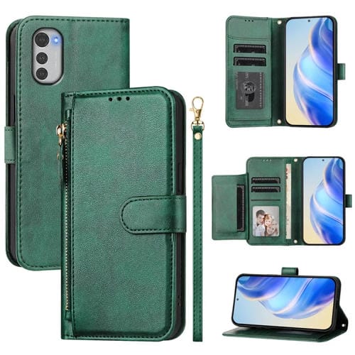 Funda de Cuero con Cremallera y Ranuras para Tarjetas para Motorola Moto E32 Global (Verde)