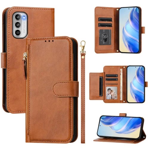 Funda de Cuero con Cremallera y Ranuras para Tarjetas para Motorola Moto G 5G (2022) (Marrón)