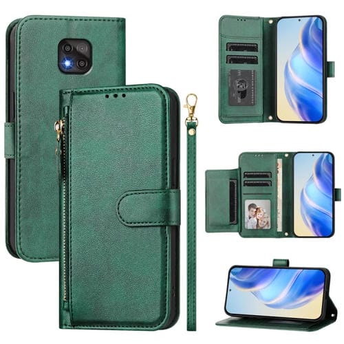 Funda de Cuero Motorola Moto G Power 2021 con Cremallera y Ranuras para Tarjetas (Verde)