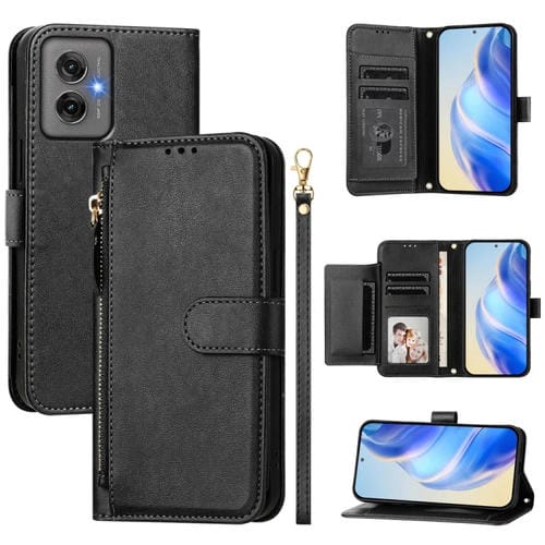 Funda de Cuero con Cremallera y Ranuras para Tarjetas para Motorola Moto G55 (Negro)