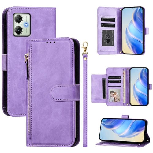 Funda de Cuero con Cremallera y Ranuras para Tarjetas para Motorola Moto G64/G54 (Morado)
