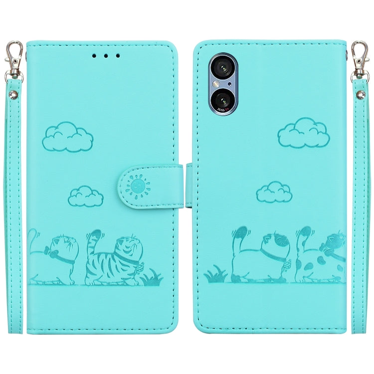 Funda de Cuero Rfid para Sony Xperia 5 V con Diseño de Gatos (Verde)