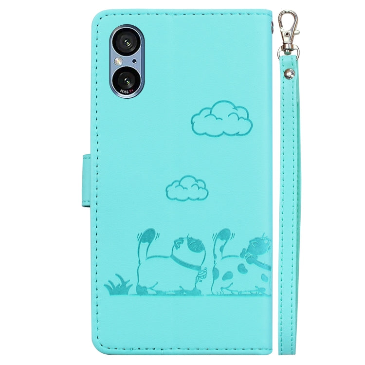 Funda de Cuero Rfid para Sony Xperia 5 V con Diseño de Gatos (Verde)