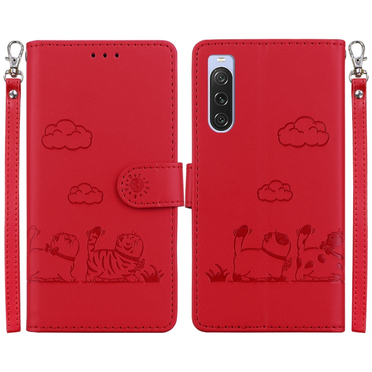 Funda de Cuero Rfid para Sony Xperia 10 V con Diseño de Gatos (Roja)