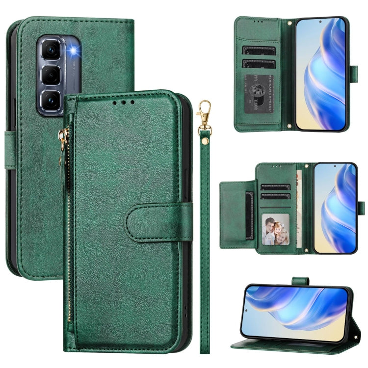 Funda de Cuero con Cremallera y Ranuras para Tarjetas para Infinix Hot 50 Pro+ 4G (Verde)