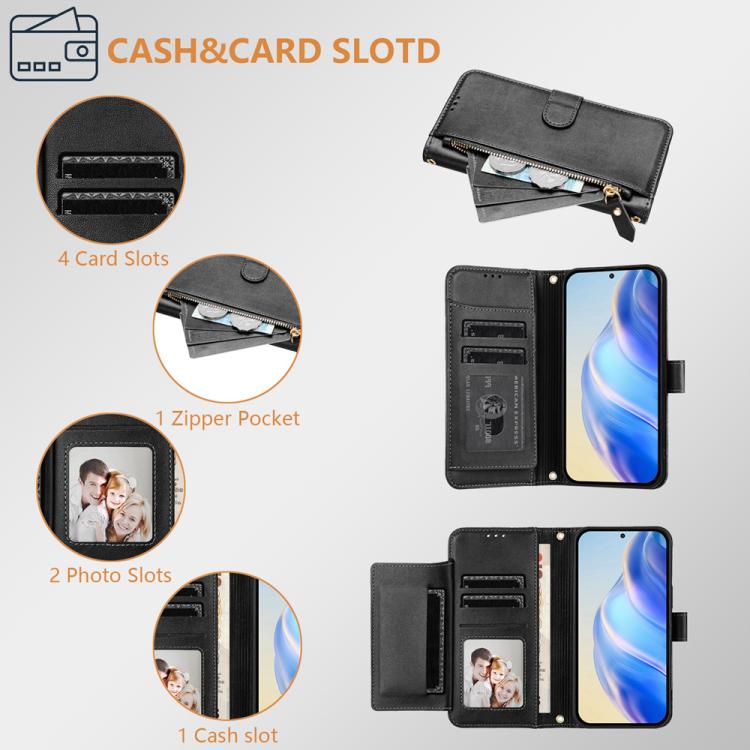 Funda de cuero con cremallera y ranuras para múltiples tarjetas para Infinix Smart 10 4G (negro)