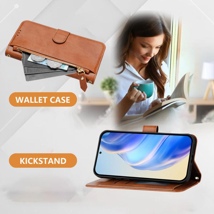 Funda de cuero con cremallera para Infinix Smart 10 4G, con ranuras para múltiples tarjetas (marrón)