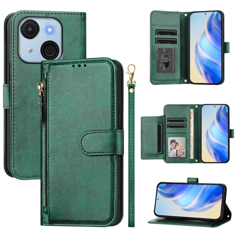 Funda de Cuero con Cremallera y Ranuras para Tarjetas para Itel A50C (Verde)