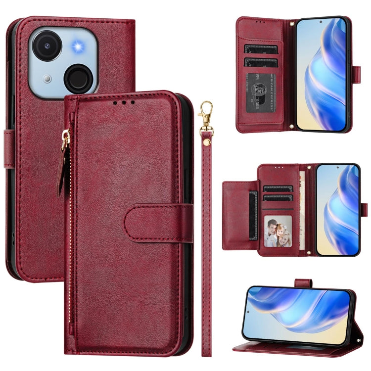 Funda de Cuero con Cremallera y Ranuras para Tarjetas para Itel A50C (Rojo Oscuro)