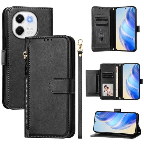 Funda de Cuero con Cremallera para Tecno Spark 30 5G y Pova 6 Neo 5G con Ranuras para Tarjetas (Negro)