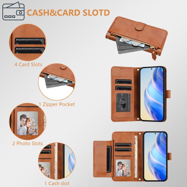 Funda de Cuero con Cremallera para Tecno Camon 40 Pro 4G con Ranuras para Tarjetas (Marrón)