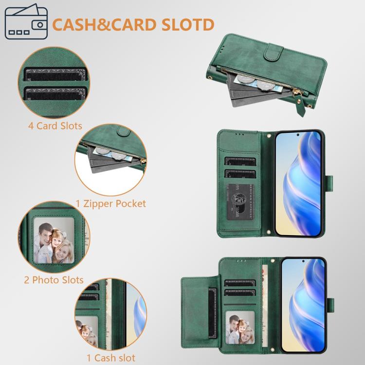 Funda de cuero con cremallera y ranuras para múltiples tarjetas para Tecno Camon 40 Premier (verde)