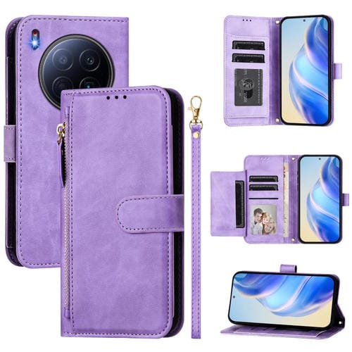 Funda de cuero con cremallera para Tecno Camon 40 Premier, con ranuras para tarjetas y billetera (morado)