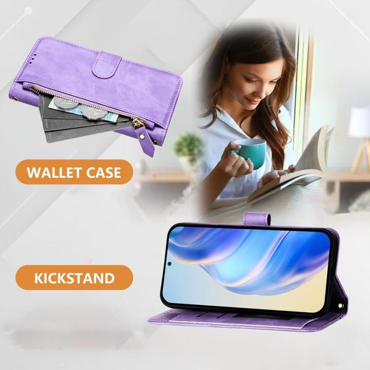 Funda de cuero con cremallera para Tecno Camon 40 Premier, con ranuras para tarjetas y billetera (morado)
