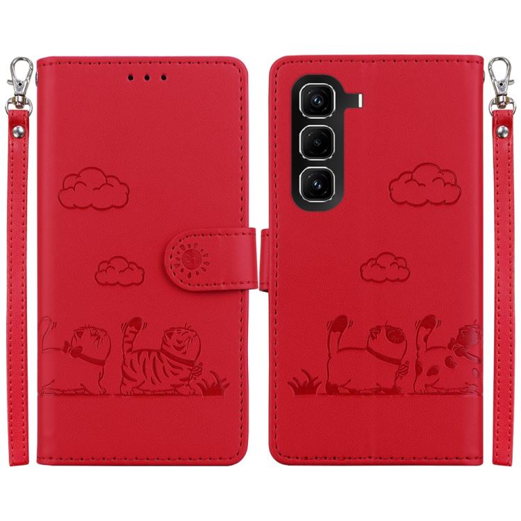 Funda de cuero RFID con diseño de gatos para Infinix Hot 50 Pro 4G (roja)