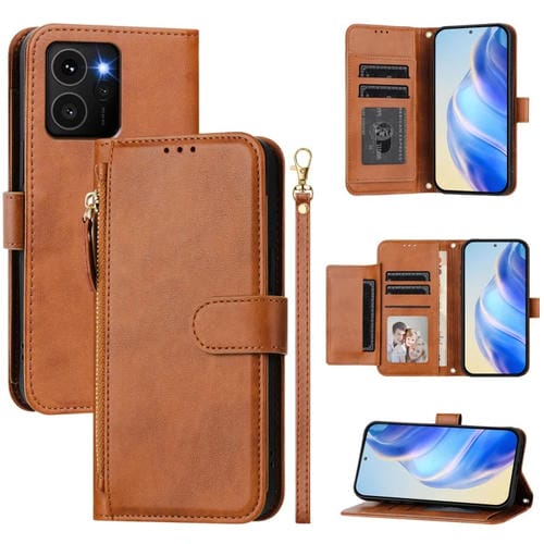Funda de Cuero para Teléfono HMD Skyline con Cremallera y Ranuras para Tarjetas (Marrón)