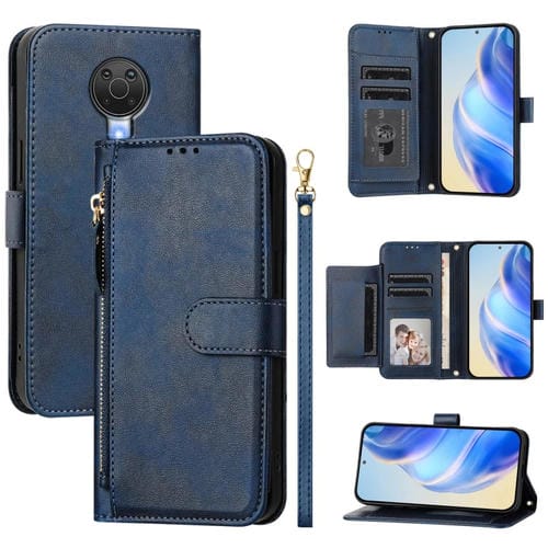 Funda de Cuero Tipo Billetera con Cremallera y Ranuras para Tarjetas para Nokia G20/G10/6.3 (Azul)