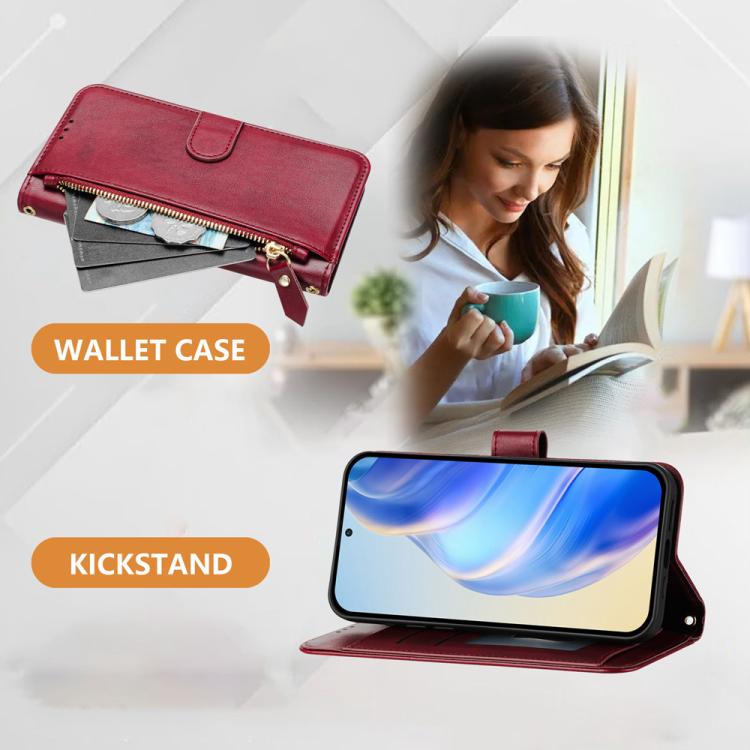 Funda de cuero con cremallera y ranuras para múltiples tarjetas para TCL 605 / TCL 60 SE (rojo oscuro)
