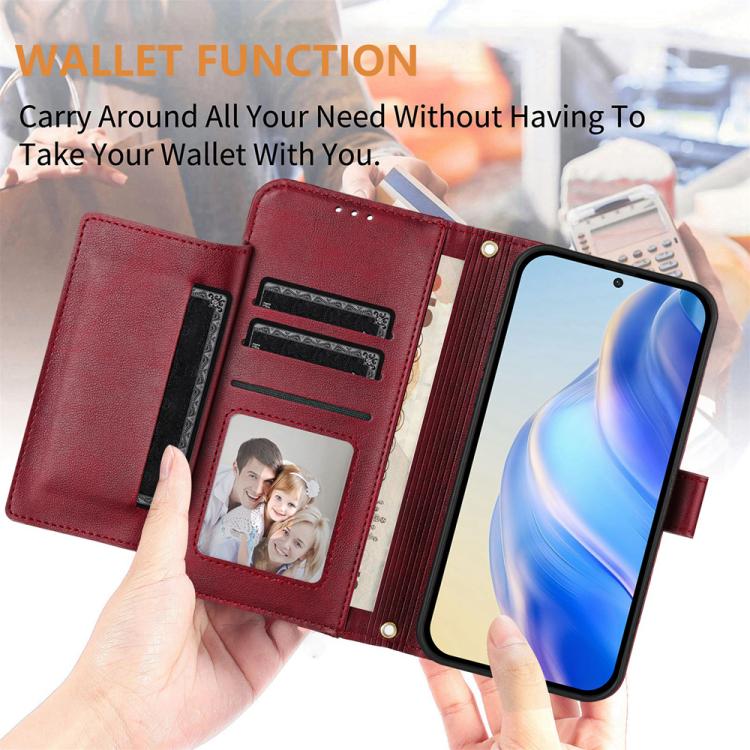 Funda de cuero con cremallera y ranuras para múltiples tarjetas para TCL 605 / TCL 60 SE (rojo oscuro)
