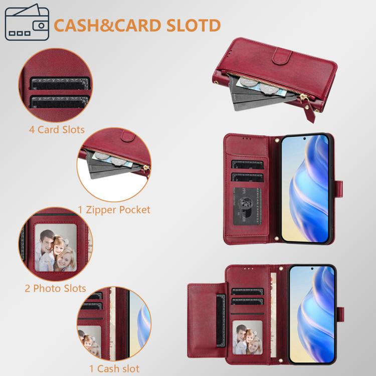 Funda de cuero con cremallera y ranuras para múltiples tarjetas para TCL 605 / TCL 60 SE (rojo oscuro)
