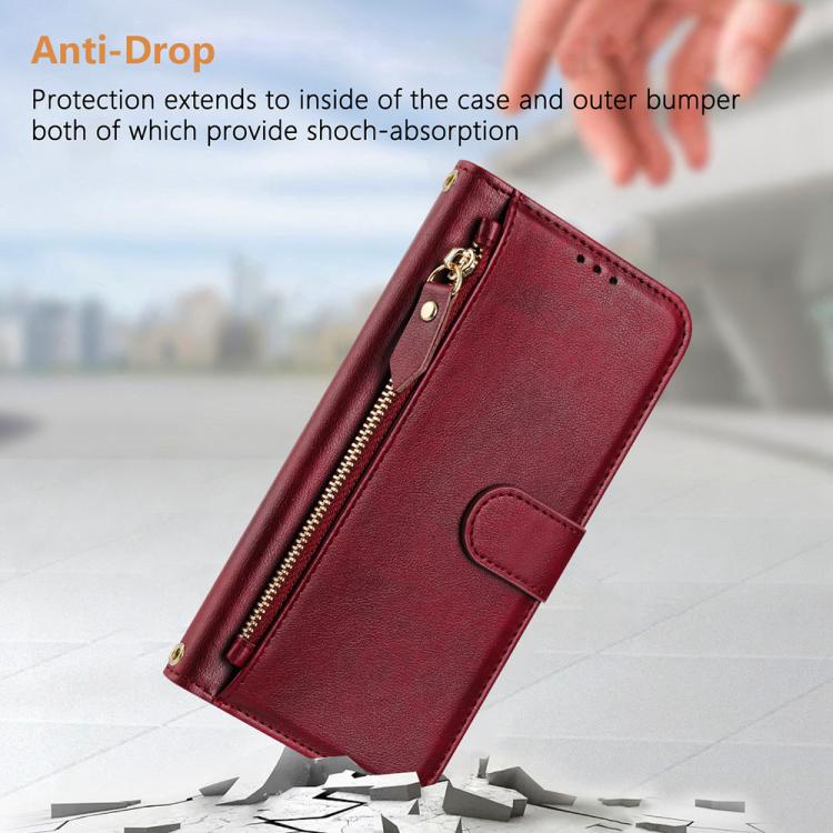 Funda de cuero con cremallera y ranuras para múltiples tarjetas para TCL 605 / TCL 60 SE (rojo oscuro)