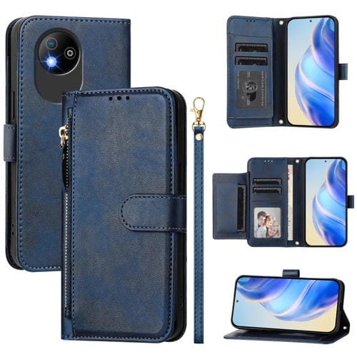 Funda de Cuero con Cremallera y Ranuras para Tarjetas para ZTE Blade A35 Lite/A35 Core (Azul)