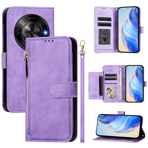 Funda de Cuero con Cremallera y Ranuras para Tarjetas para ZTE Blade A75 5G Nubia Focus (Morado)